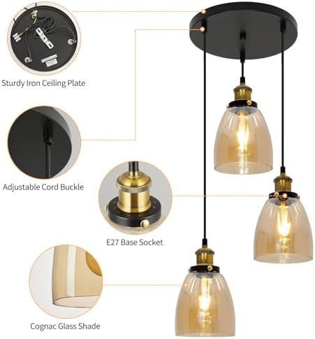 FORCOSO Vintage Glass Pendant Light 3 Lights - Pendant Lighting Ceiling with Glass Lampshade, Adjustable Height Hanging Lamp Fixture for Loft Kitchen Island Dining Room(NO Bulbs) - Cognac