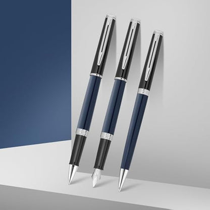 Waterman Hémisphère Fountain Pen | Black & Blue Lacquer with Palladium Coated Trim | Stainless steel Medium Nib | Blue Ink | Gift Box