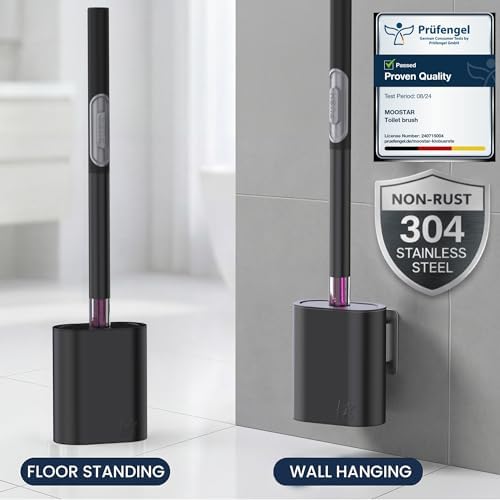 Premium Silicone Toilet Brush with Holder Good Housekeeping Approved - Stainless Steel Wall-Mounted & Free-Standing