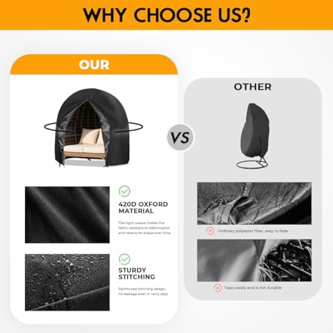widesmile Double Egg Chair Cover Waterproof Hanging Egg Chair Covers Patio 420D Heavy Duty Egg Chair Cover Oxford Fabric Windproof Anti-UV Rattan Swing Chairs Cover 230 x 200cm