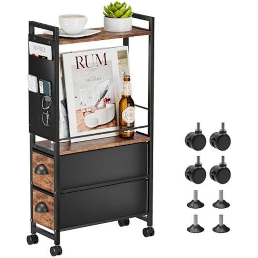 LyTaispuly Narrow Side Table with Drawers&Wheels, Slim Bedside Tables Thin Nightstand, 80cm Tall Sofa End Table Small Magazine Rack with Storage Bag for Living Room, Bedroom Space Saving (Rustic)