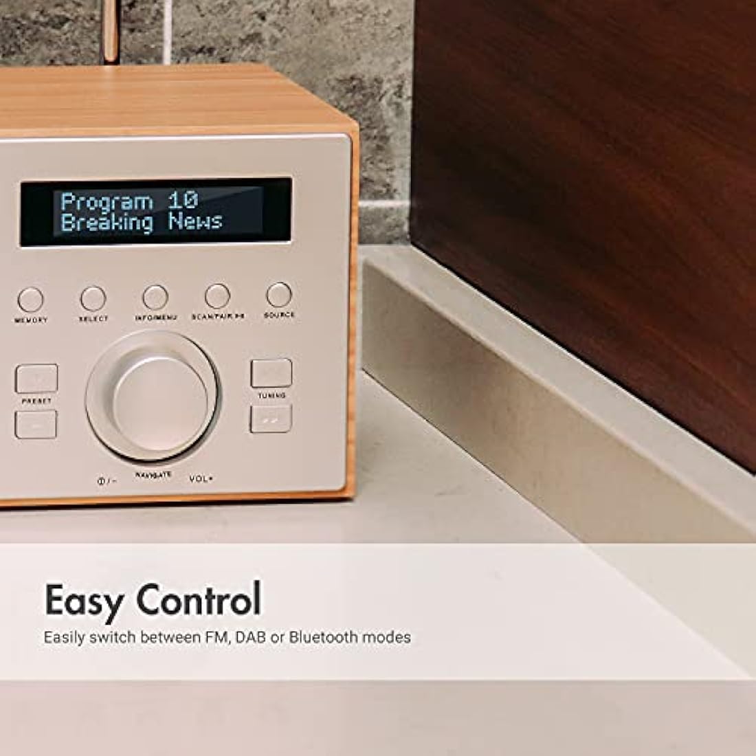 August MB420 DAB+ Radio with Bluetooth Speaker – Digital DAB & FM Radio with 30 Station Presets, Dual Alarm Clock, Sleep Timer, 5W Bass Reflex Stereo Speakers, Aux/USB/Mains Power, LCD Display – Oak