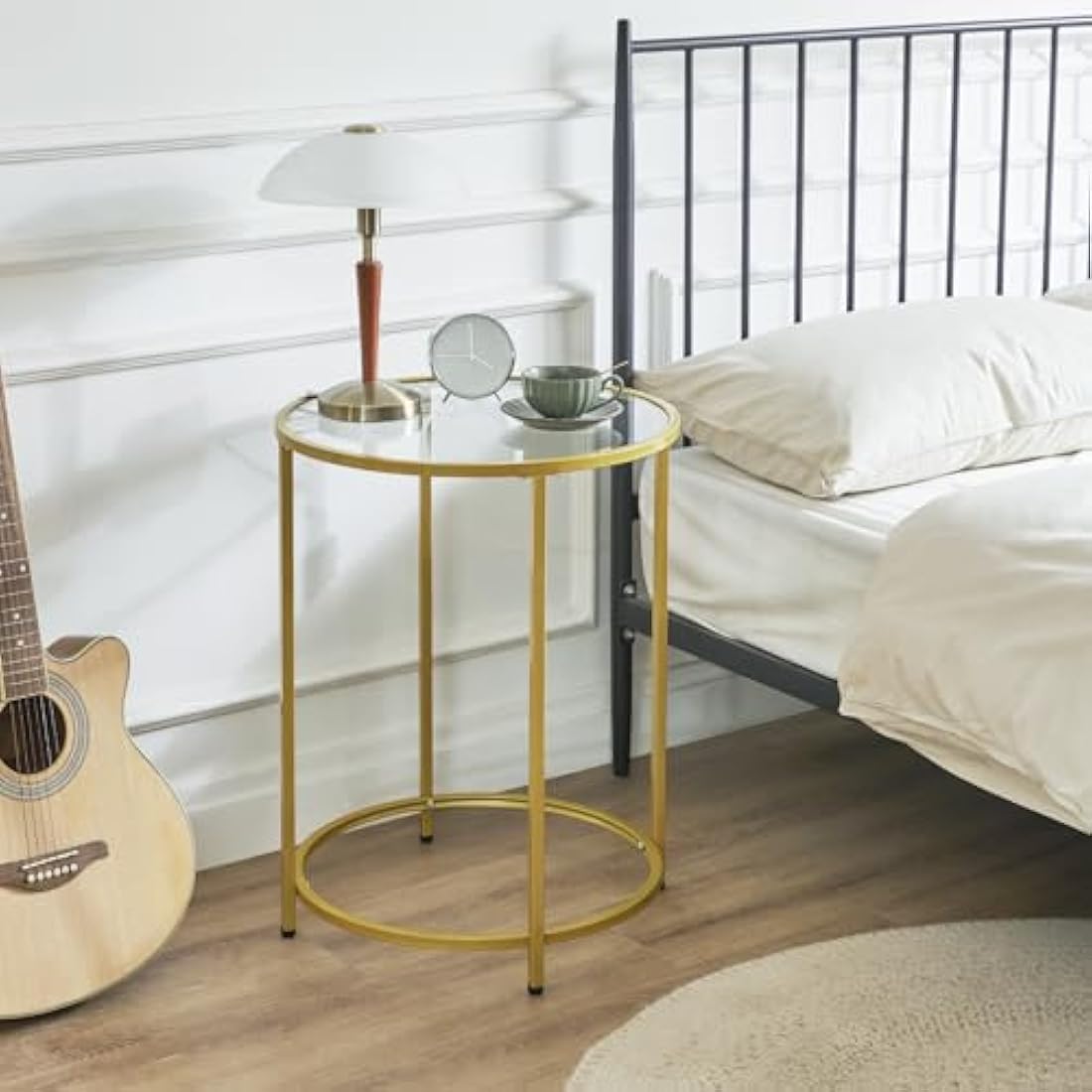 YMYNY Round Side Table, 2 Tier Accent Table, Tempered Glass End Table, Small Coffee Table, Sofa Table, Bedside Table, Modern Style, for Living Room, Bedroom, Balcony 50×50×65CM Gold HGD020G