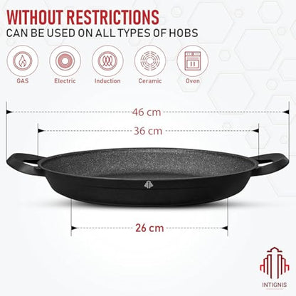 Paella Pan | Glass Lid |Non-Stick | Anti Scratch | Removable Silicone Handles | Ceramic Coating Chemical Free | Induction & Oven Safe | Heavy-Duty | Stainless-Steel Base (Black, 36 CM)