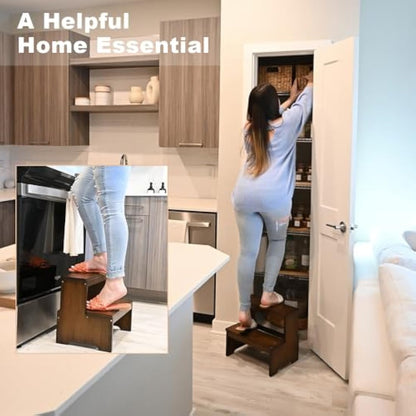 StrongTek Bamboo Two Step Stool for Adults and Kids, Bed Stepstool with Anti-Slip Bottom, Heavy Duty for Kitchen, Bathroom, Bedside Step Stool, Wooden Step Stairs 400 lbs Capacity