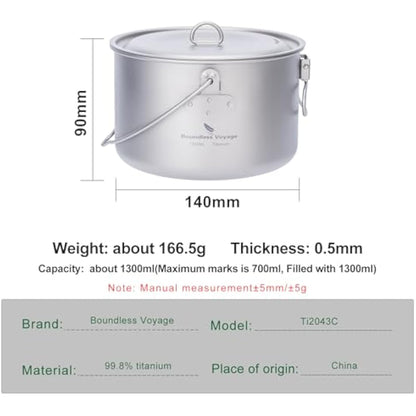 iBasingo 1.3L Titanium Pot Camping Cookware Hanging Stockpot Outdoor Small Bowl Cup Lightweight Hiking Picnic Portable Campfire Cooking Kit Travel 1 Person Kitchenware Tableware Mess Kit Ti2043C
