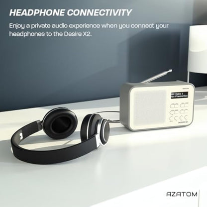 DAB/DAB+ & FM Portable Digital Radio | Simple Controls | Dual Alarms & Sleep Timer | Battery & Mains Powered (4x”AA”) | Bluetooth | Perfect for Home, Office or Outdoors | AZATOM Desire X2 (Grey)
