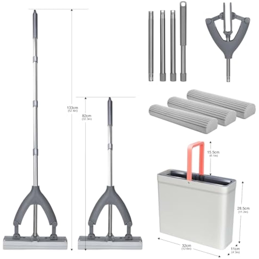 Masthome Sponge Mop and Buckets Sets, Floor Mops with 3pcs Super High Absorption Sponge Heads,Lazy Squeeze Mop Bucket with 135cm Extendable Handle for Laminate, Tile, Hardwood Floor Cleaning