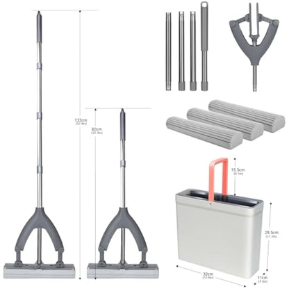 Masthome Sponge Mop and Buckets Sets, Floor Mops with 3pcs Super High Absorption Sponge Heads,Lazy Squeeze Mop Bucket with 135cm Extendable Handle for Laminate, Tile, Hardwood Floor Cleaning