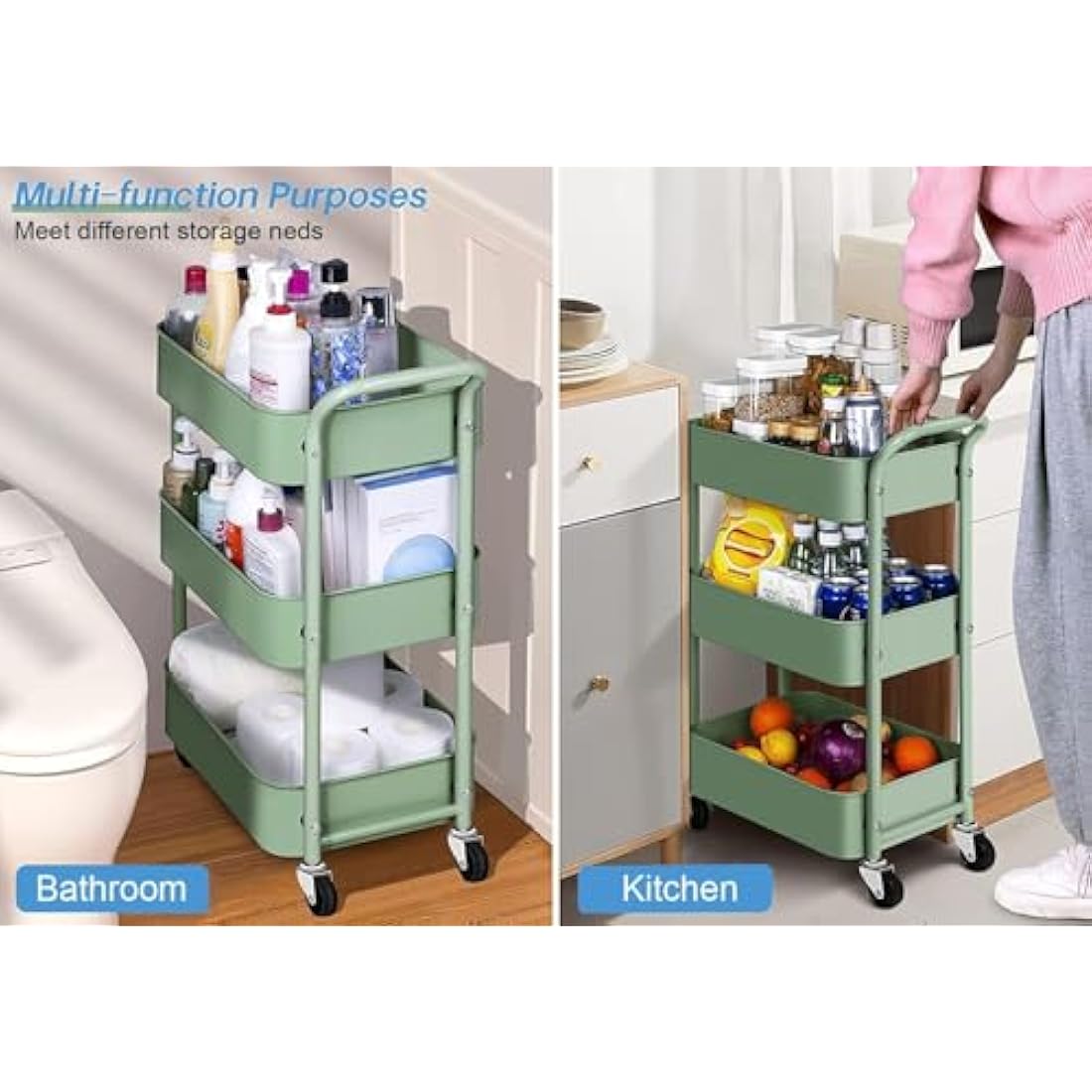 MISSLO Storage Trolley 3 Tier Rolling Cart with Wheels and Handle, Under Desk 27" Height Small Metal Utility Cart Organizer Rack Shelf, Mobile Book Cart for Office, Kitchen, Bathroom (Green)