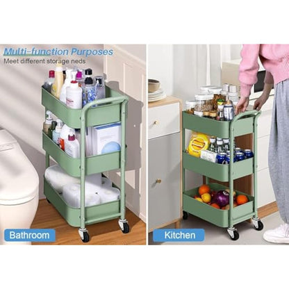 MISSLO Storage Trolley 3 Tier Rolling Cart with Wheels and Handle, Under Desk 27" Height Small Metal Utility Cart Organizer Rack Shelf, Mobile Book Cart for Office, Kitchen, Bathroom (Green)