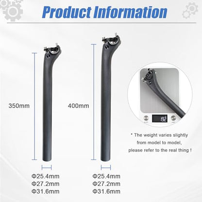 ROADNADO Carbon Fiber Bicycle SeatPost Ultralight Carbon Bike Post Matte Adjustable Offset Seatpost for MTB Road Bike BMX Seat Tube(31.6*350mm)