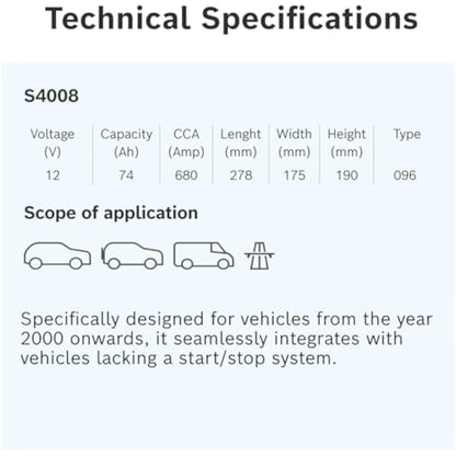 Bosch S4 008 Car Battery 74 A/h - 680 A - 12 V Battery, Type 096, Lead-acid for Non-Start/Stop Vehicles, Left (-) Right (+), 278 x 175 x 190 mm