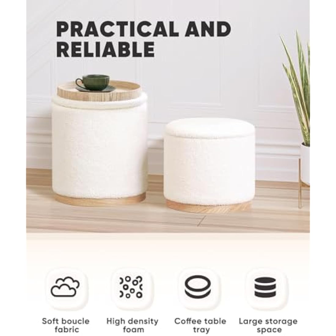 Bonlife Round White Ottoman with Storage Set of 2,Makeup Vanity Stool Chair,Ottoman Coffee Table for Living Room,Bedroom,Dining Room,39x39x44cm