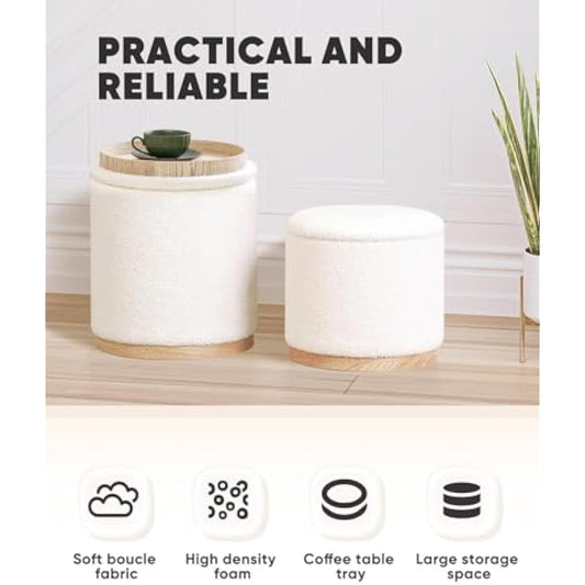 Bonlife Round White Ottoman with Storage Set of 2,Makeup Vanity Stool Chair,Ottoman Coffee Table for Living Room,Bedroom,Dining Room,39x39x44cm