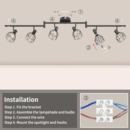 Dehobo Spot Light Fittings for Ceilings Adjustable Metal Wire Cage Kitchen Spotlight with E14 Base Black 6 Way Ceiling Light Industrial for Bedroom Bar Hallway Living Room No Bulb