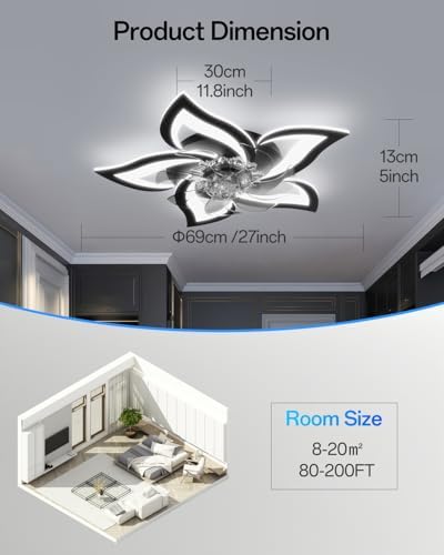 YUNLONG Ceiling Fans with Lights and Remote Silent Black Ceiling Fans with Lamps Reversible DC Motor Dimmable Memory Low Profile Fan Light Ceiling with 6 Speeds Timer