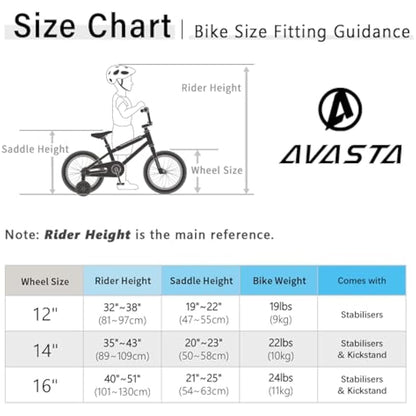 AVASTA  14  Inch Kids Bike BMX Style Bicycle with Stabilisers & Kickstand & Bell for 2-8 Years Old Boys Girls, Multiple Colors