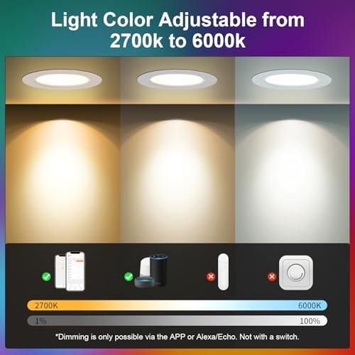 VARICART Smart LED Downlights for Ceiling Alexa, 10W Bluetooth RGB Colour Changing Spot Lights 2700K-6000K, Dimmable Recessed Ceiling Lights, APP Control for Living Room Bedroom Kitchen, 6 Pcs