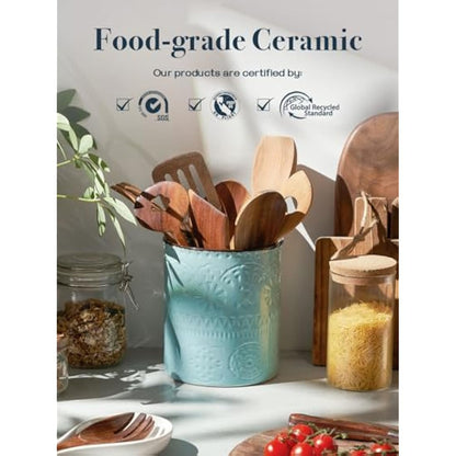 DOWAN Utensil Holder, 7.2 x 6.2 inches Large Kitchen Utensil Holder for Countertop, Ceramic Cutlery Holder, Romantic Relievo Crock, Utensil Caddy, Utensil Organizer, Ice Bucket, Vase, Home Décor-Blue