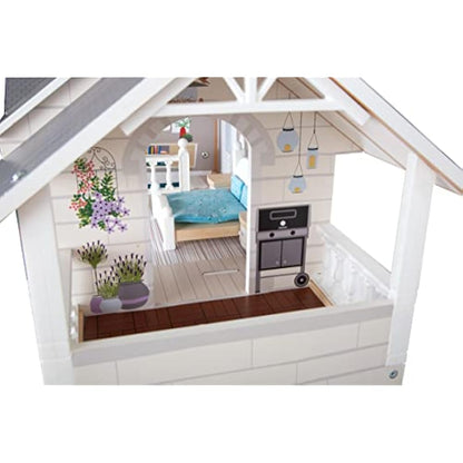 Small Foot 11802 Wooden Doll's House with 3 Floors, Open Front and Extensive Furniture, from 3 Years Toys, White Grey, 82 x 51.1 x 15 cm