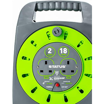 STATUS 2 Socket Cable Reel, 18m, Green Extension Lead, 13 Amp, Thermal Cut Out, Heavy Duty, Outdoor Power Supply, Ideal for Garden, Workshop, DIY, Power Tools (S18M2G13ACR4)