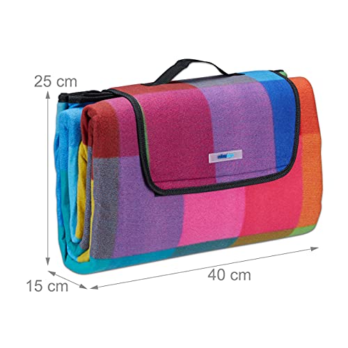 Relaxdays XXL Picnic Blanket, 200 x 200 cm, Fleece Beach and Camping Mat, Insulated & Waterproof, With Handle, Multi-Coloured Plaid