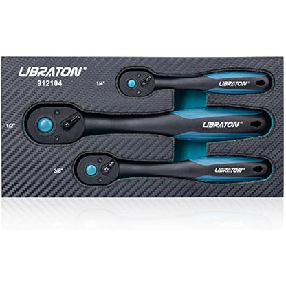LIBRATON Ratchet Handle, 3 PCS 1/4", 3/8", 1/2" Heavy Duty Drive Ratchet Socket Wrench with Quick-Release Head, 72 Teeth, Reversible Design, Comfort Grip for Car Repair, EVA Organizer
