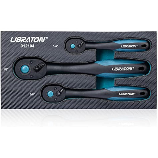 LIBRATON Ratchet Handle, 3 PCS 1/4", 3/8", 1/2" Heavy Duty Drive Ratchet Socket Wrench with Quick-Release Head, 72 Teeth, Reversible Design, Comfort Grip for Car Repair, EVA Organizer