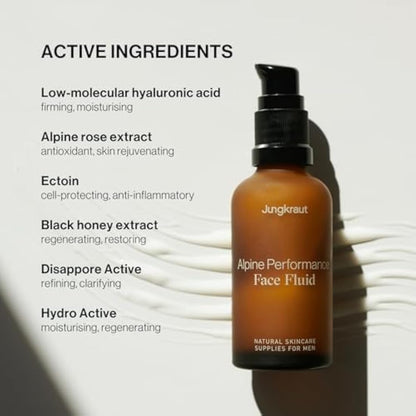 JUNGKRAUT Alpine Performance Face Fluid for men 1x50ml, natural face cream with hyaluronic acid, anti-aging, intense moisture, ultra-light, quickly absorbed, never greasy, made in the Swiss Alps