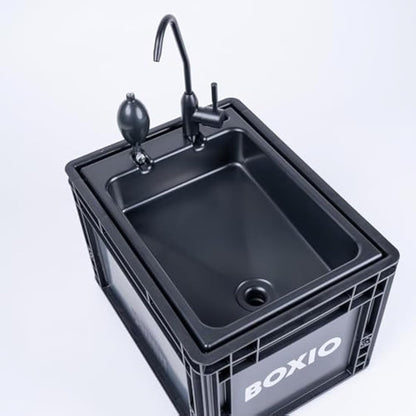 BOXIO - WASH Plus: Mobile Sink with Hand Pump, Shower Head, Mirror & Cleaning Beads - Van, Camping, Garden Sink with Tap, Plastic, Black