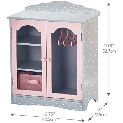 Olivia's Little World Polka Dot Princess Wooden Shaker-Style Double Closet for 18" Doll Wardrobes with Windowed Doors, Three Shelves, Hanging Space with Hangers, Grey/Pink