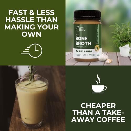 Best Bone Broth Premium Beef Bone Broth Concentrate Garlic & Herb Flavour - 100% Sourced from Grass Fed, Pasture-Raised Cattle - Bone Broth Protein and Collagen - Bone Broth Soup - 375g (37 Servings)