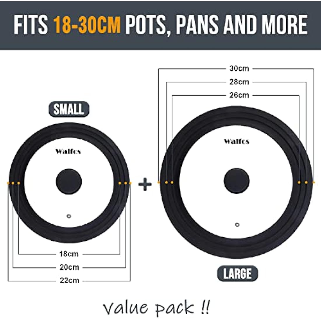 Universal Lid for Pots, Pans and Skillets - Tempered Glass with Heat Resistant Silicone Rim and Fits 18/20/22cm and 26/28/30cm Diameter Cookware