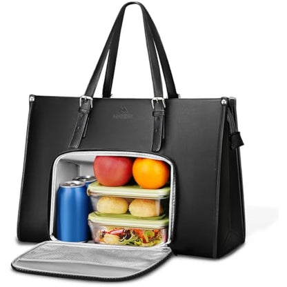 MATEIN Laptop Bags for Women with Insulated Leakproof Lunch Compartment, 15.6 Inch PU Leather Briefcase, Laptop Tote Work Bag with an Adjustable Handle, Designer handbag for School, Office, Black