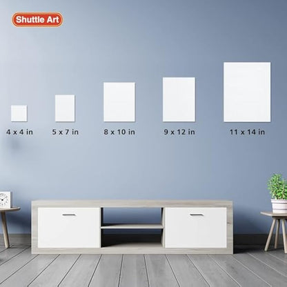 Shuttle Art Canvas for Painting, 15 Multi Pack Stretched Blank Canvas Boards, 4x4, 5x7, 8x10, 9x12, 11x14 Inches (3 of Each), Primed White Painting Canvas, Canvases for Acrylic, Oil Painting