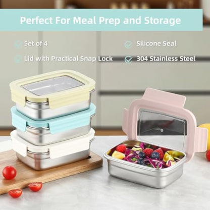 Misichao Stainless Steel Food Storage Containers with Lids - Stackable Meal Prep Food Containers for Kitchen & Pantry, Leakproof, Reusable Metal Bento Lunch Box for Kids Adult 650 ml 4 Count