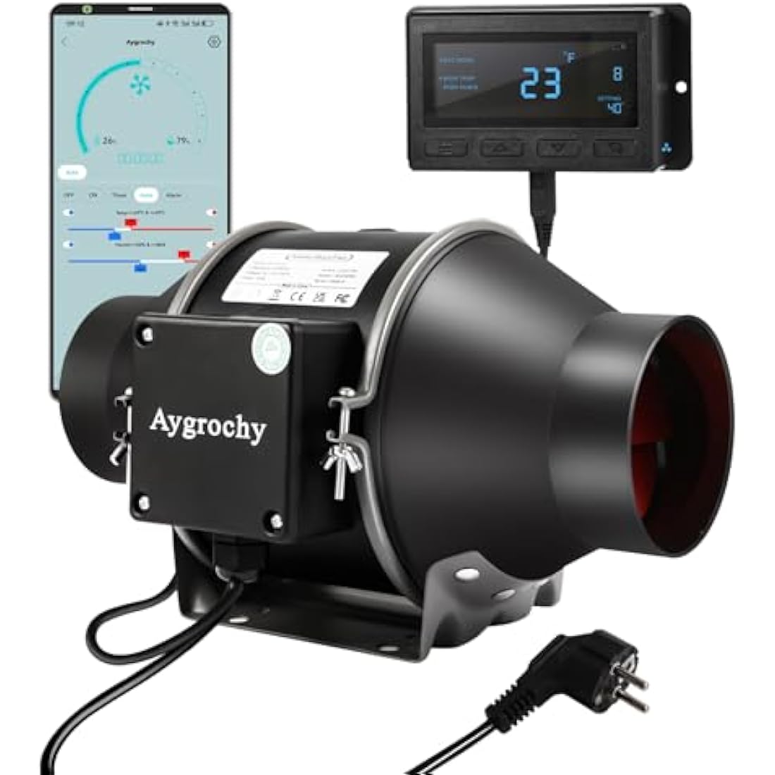 Aygrochy 4 inch wifi APP inline fan with Temperature and Humidity controller, Extractor Fan for Booster, Growth Tents, Ventilation and exhaust fan.