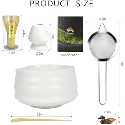 Artcome Matcha Ceremony Kit for Japanese Tea Ceremony, Traditional Matcha Bowl, Whisk, Tea Scoop, Matcha Powder Strainer, Matcha Tea Set for Making Usucha, Koicha and Matcha Latte (White)