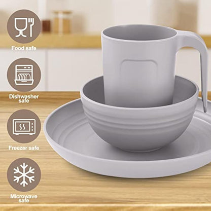 Odoland Lightweight Unbreakable Cutlery Sets for 4 People, Microwave and Dishwasher Safe Plates Bowls Mug Kit, Reusable Dinnerware with Cutlery, for Camping, Kitchen Gray
