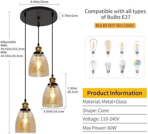 FORCOSO Vintage Glass Pendant Light 3 Lights - Pendant Lighting Ceiling with Glass Lampshade, Adjustable Height Hanging Lamp Fixture for Loft Kitchen Island Dining Room(NO Bulbs) - Cognac