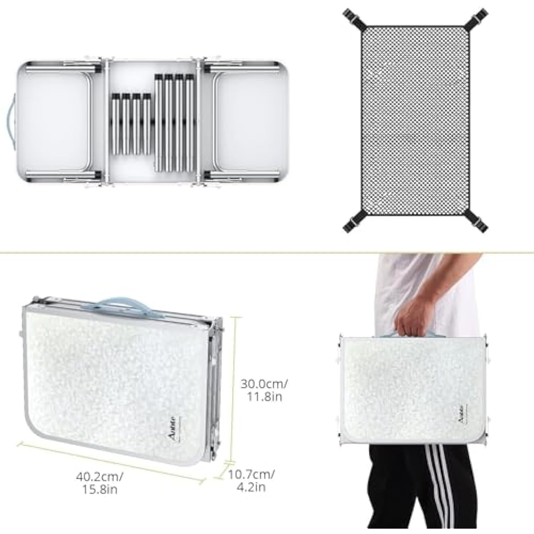 Anbte Folding Camping Table, 88 cm x 40 cm Aluminum Folding Table 3 Adjustable Height, Camping Table with Storage Net and Bag, Portable Table for Outdoor, Backyard, Picnic, Garden, BBQ, Silver