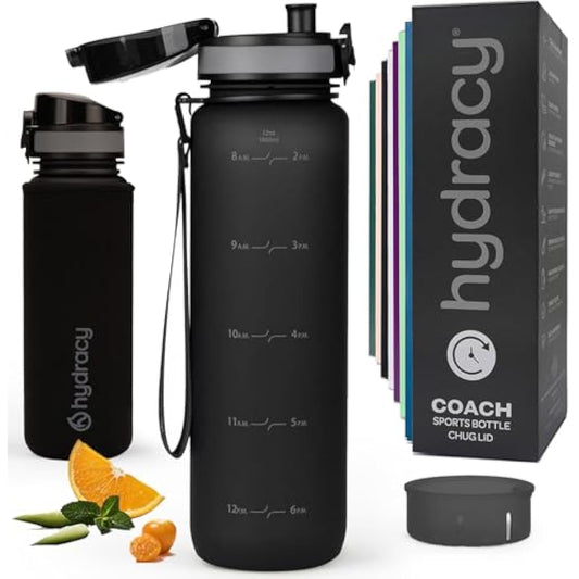 Hydracy Water Bottle with Time Marker -Large 1 Litre BPA Free Water Bottle & No Sweat Sleeve -Leak Proof Gym Bottle with Fruit Infuser Strainer & Times to Drink -Ideal for Fitness Sport & Outdoor