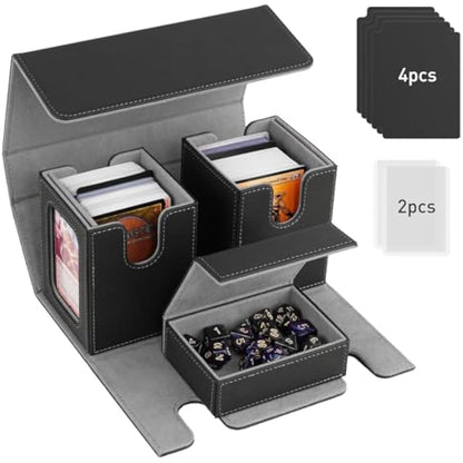TiMOVO MTG Commander Deck Box, Magnetic Leather Card Deck Case Fits 200+ Double-Sleeved Cards, Card Box with 2 Commander Display & 4 Dividers & Dice Tray Fit YuGiOh TCG CCG Magic Cards, Black & Gray