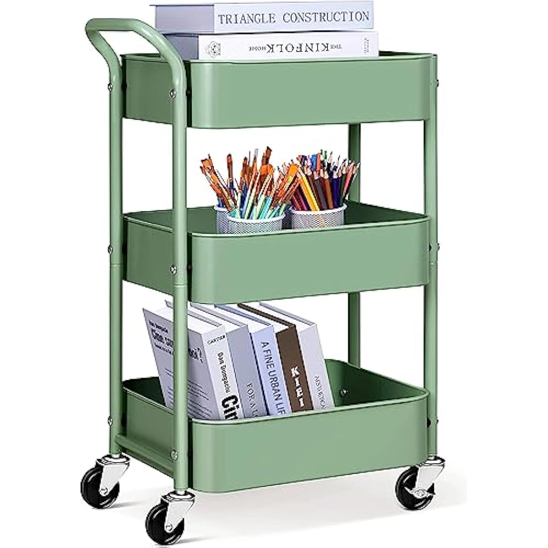MISSLO Storage Trolley 3 Tier Rolling Cart with Wheels and Handle, Under Desk 27" Height Small Metal Utility Cart Organizer Rack Shelf, Mobile Book Cart for Office, Kitchen, Bathroom (Green)