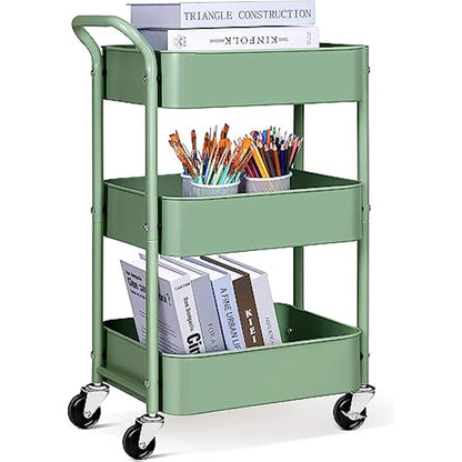 MISSLO Storage Trolley 3 Tier Rolling Cart with Wheels and Handle, Under Desk 27" Height Small Metal Utility Cart Organizer Rack Shelf, Mobile Book Cart for Office, Kitchen, Bathroom (Green)