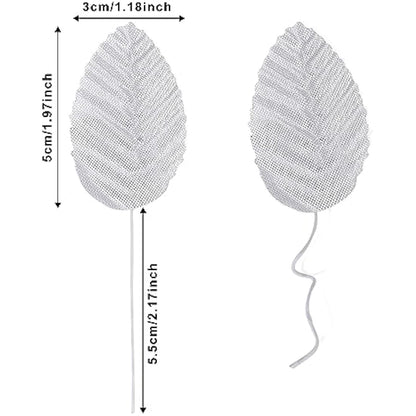 MWOOT 200Pcs Artificial Rose Leaves, Fake Single Leaf for Crafts, Silver Faux Silk Leaves for DIY Cake Bouquet Wreaths Christmas Wedding Party Festival Table Decoration, Wired Silver Leaves