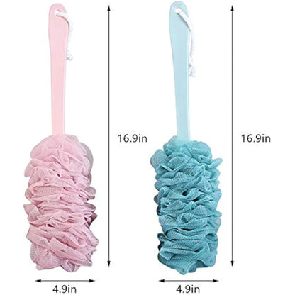 2 Pack Loofah Bath Brush with Long Handle Bath Shower Back Scrubber Body Brush for Men and Women Pink and Blue
