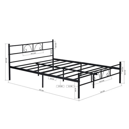 FurnitureR Black Metal Double Bed Frame with Decorative Headboard, Heavy Duty Steel Slats, Noise-Free Support, No Box Spring Needed, Easy Assembly