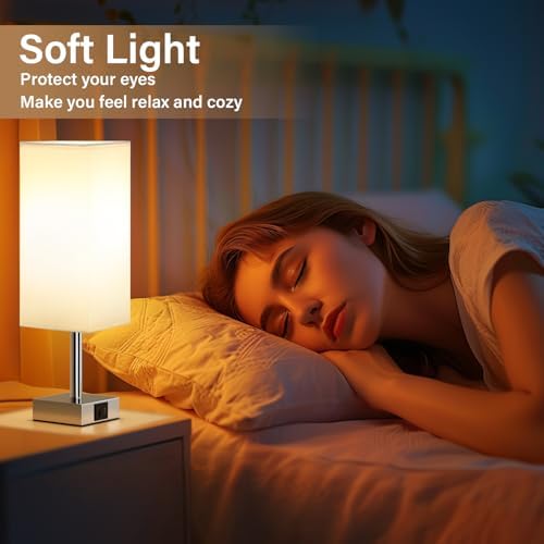 Aooshine Touch Control Bedside Lamps Set of 2, 3-Way Dimmable Table Lamp with USB-C+A Charging Ports, Bed Side Lamps for Bedroom with White Fabric Shade(Bulbs Included)